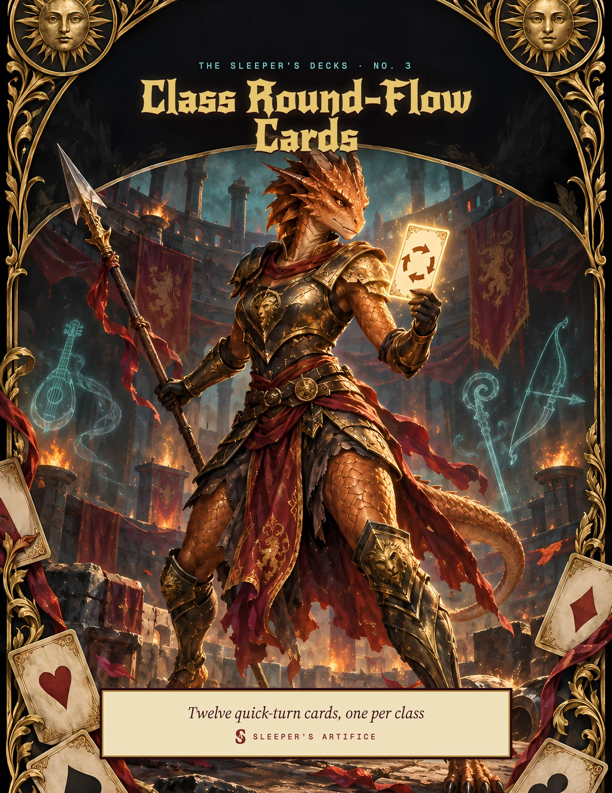 Cover of Class Round-Flow Cards: a copper-scaled dragonborn fighter glancing at a glowing card mid-turn in an arena, framed like an ornate tarot card