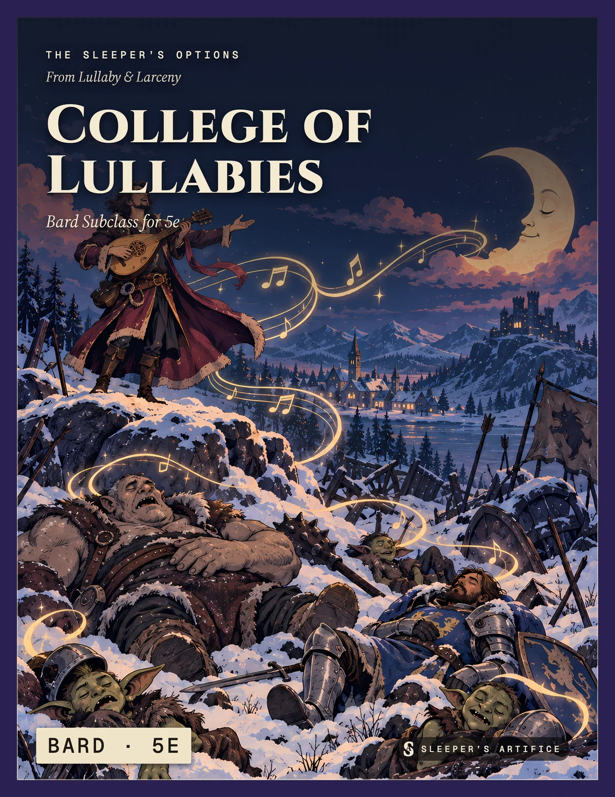 Cover of College of Lullabies: a bard singing on a hilltop at night as ribbons of music put a battlefield of monsters gently to sleep