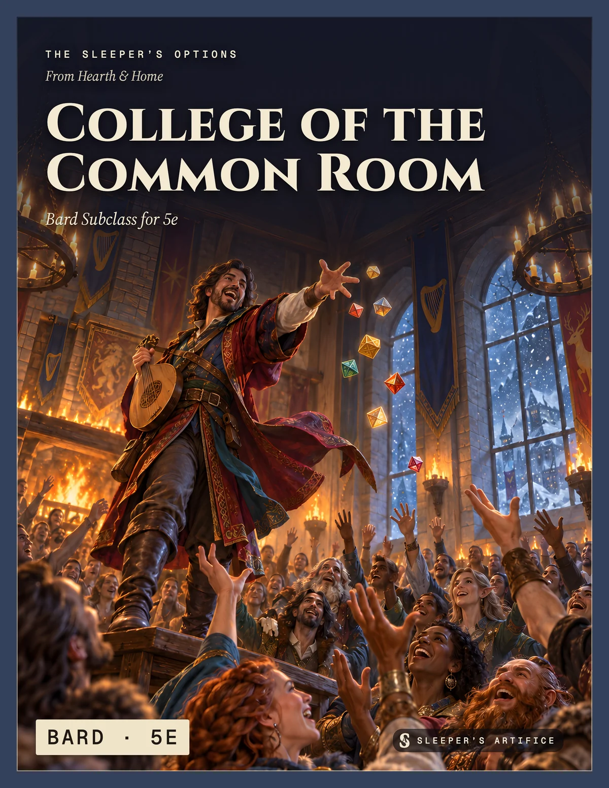Cover of College of the Common Room: a bard standing on a bench leading a packed winter hall in song, flicking small glowing dice to raised hands