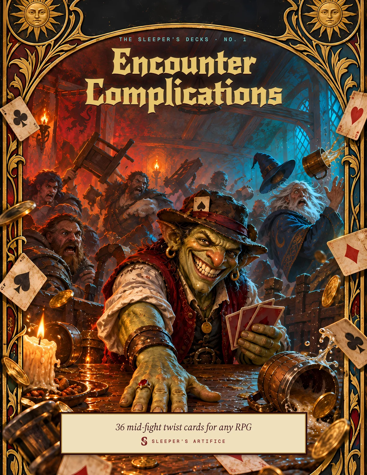 Cover of Encounter Complications: a grinning goblin card sharp in a battered hat slapping a card down mid-brawl, framed like an ornate tarot card