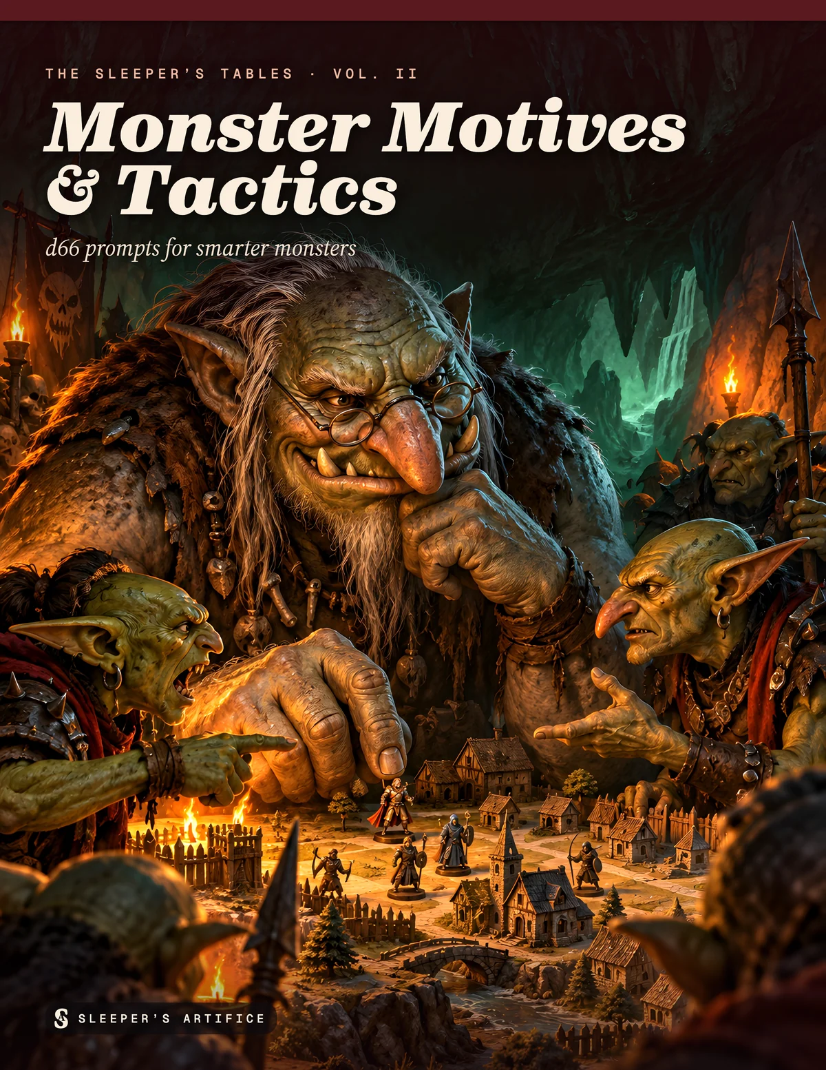 Cover of Monster Motives & Tactics: a huge troll in cracked spectacles plotting over a model village while goblin lieutenants argue beside him