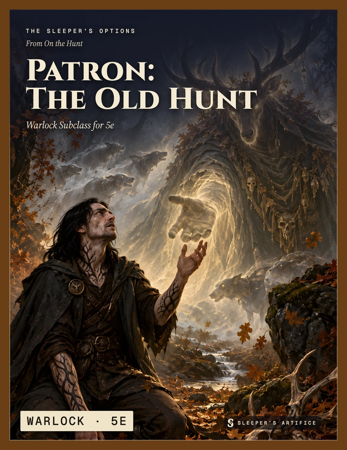 Cover of The Old Hunt: a warlock kneeling in a dark autumn wood before a giant spectral antlered huntsman