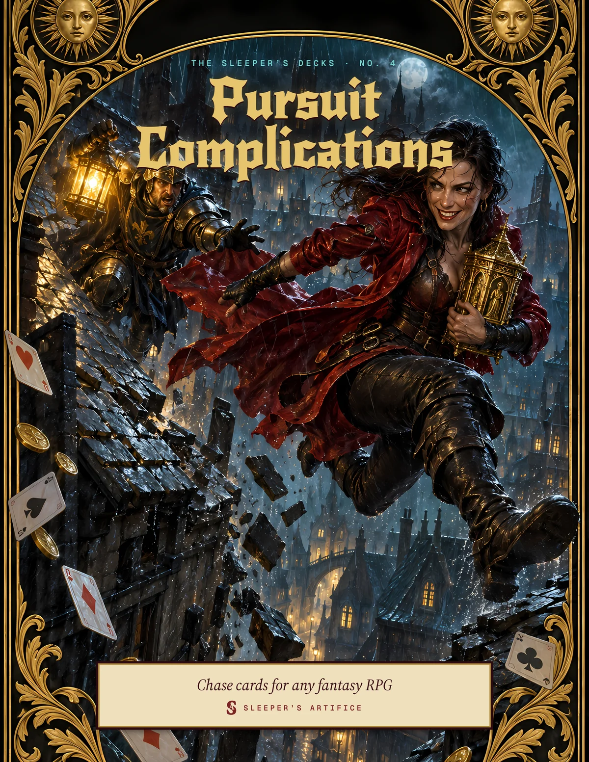 Cover of Pursuit Complications: a thief in a red coat vaulting between rain-soaked rooftops with a stolen reliquary as a lantern-bearing captain lunges after her, framed like an ornate tarot card