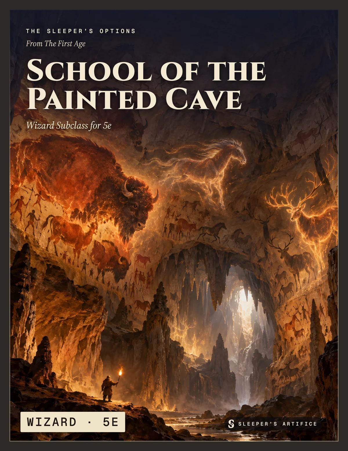 Cover of School of the Painted Cave: a tiny figure with a torch in a vast cave as giant prehistoric paintings step off the walls