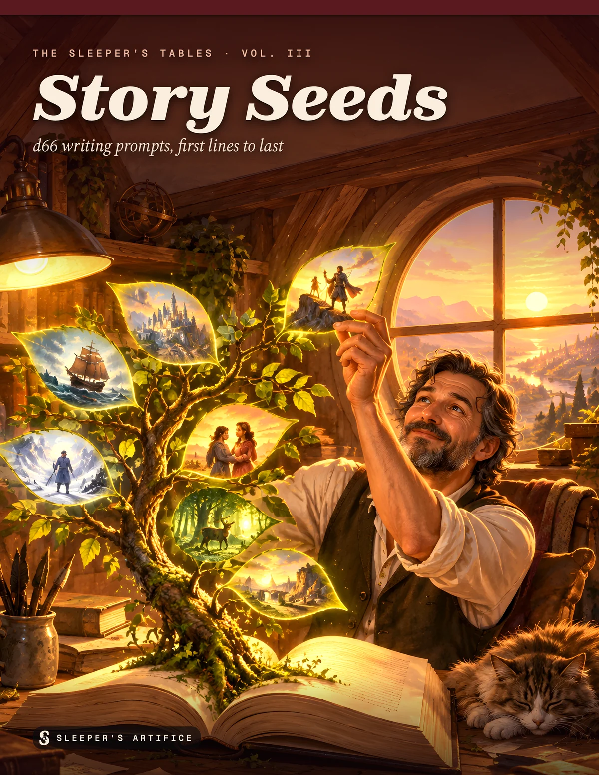 Cover of Story Seeds: an author in a sunset attic reaching for glowing story scenes that grow like leaves from a tree rising out of an open book