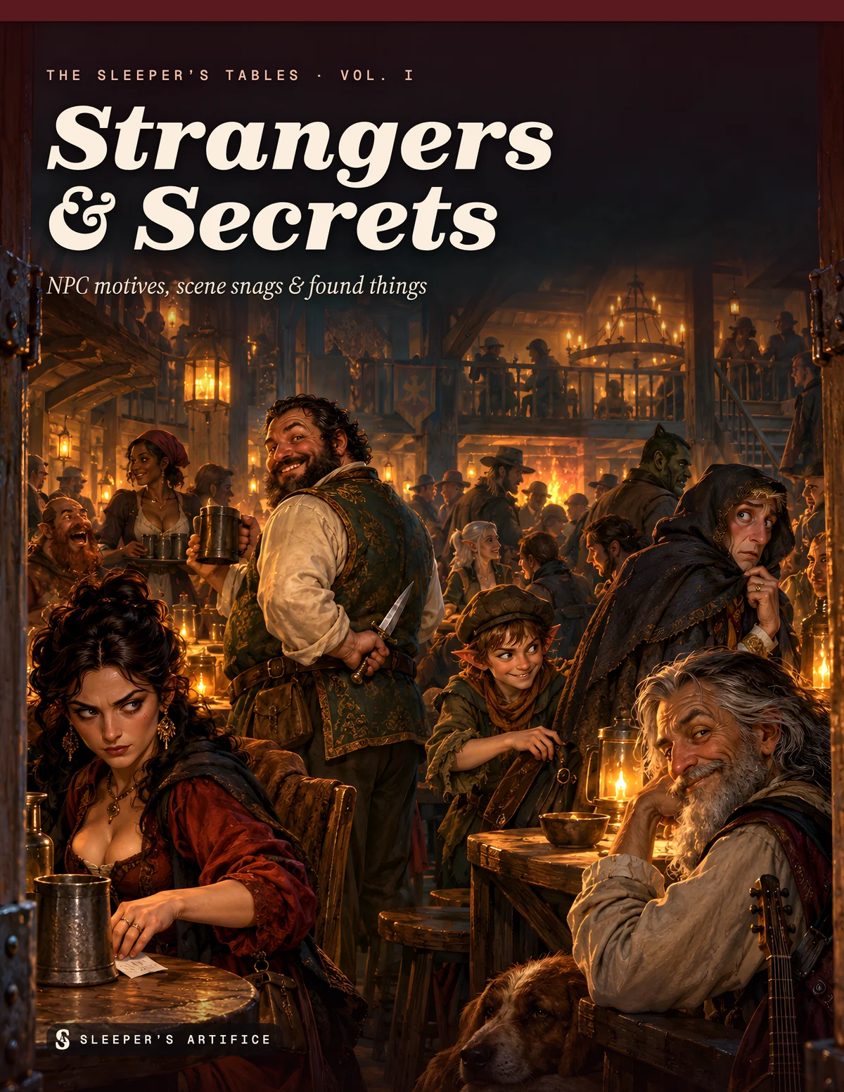 Cover of Strangers & Secrets: a crowded, candlelit tavern where every patron hides something, a knife behind one back and a note slipped under a mug