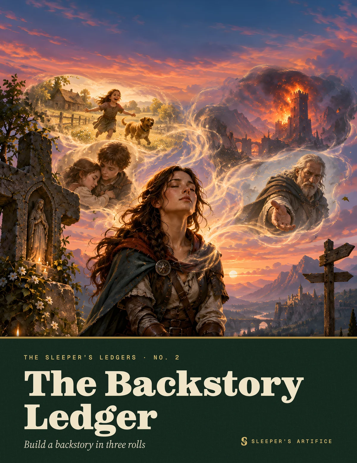 Cover of The Backstory Ledger: a young adventurer kneeling at a roadside shrine at dusk as painted memories rise around her like smoke