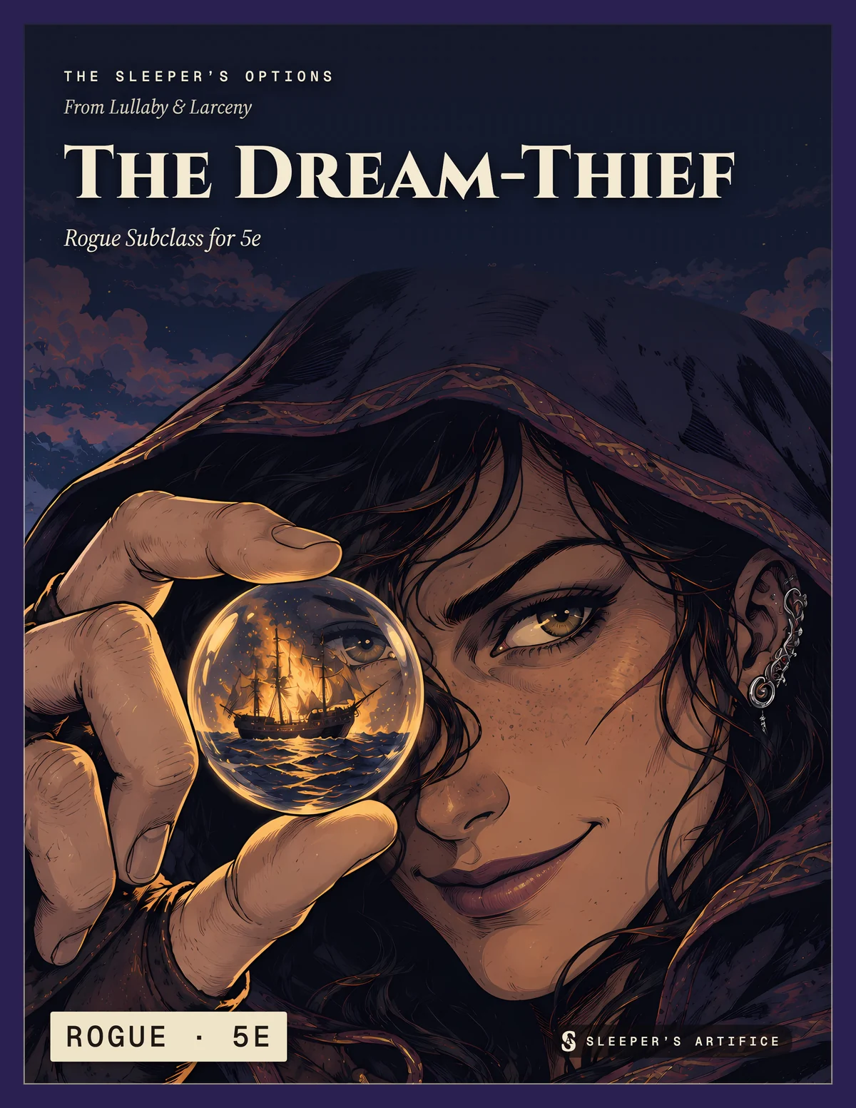 Cover of The Dream-Thief: a hooded rogue with a sly smile holding up a glass bead with a tiny burning ship inside it