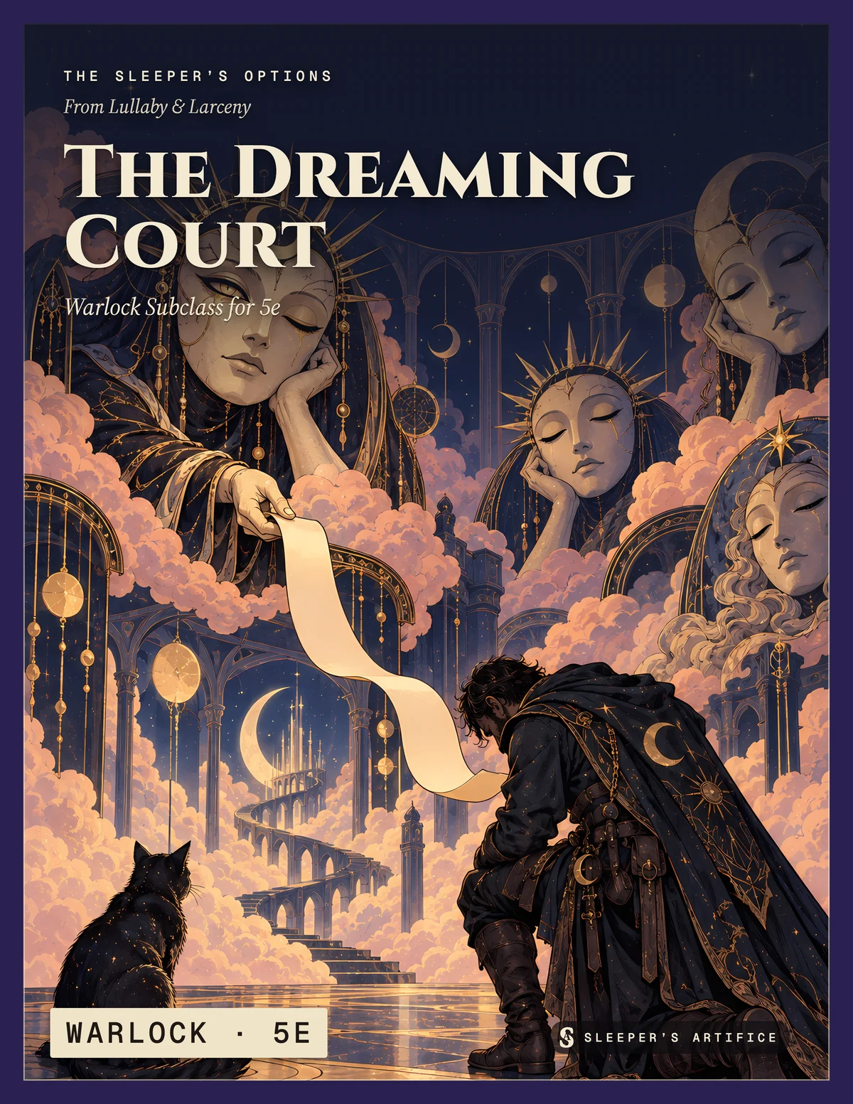 Cover of The Dreaming Court: a warlock bowing before giant sleeping masks on cloud thrones, one handing down an errand on a ribbon