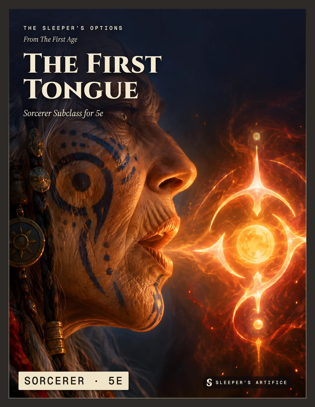 Cover of The First Tongue: an elder sorceress in profile speaking a single glowing glyph into the air